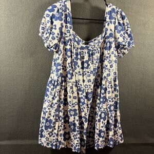 women linen blend babydoll dress small blue floral cottage coquette dainty
